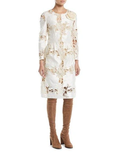 Brock Collection Donovan Jewel-neck Long-sleeve Floral Lace A-line Dress In Ivory