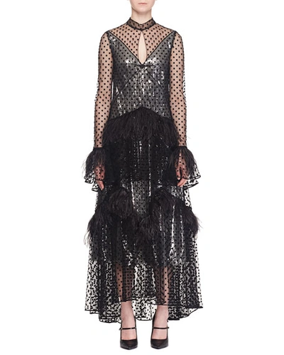 Erdem Bronte Long-sleeve Tiered Skirt Dotted Sheer Evening Gown W/ Feathers In Black