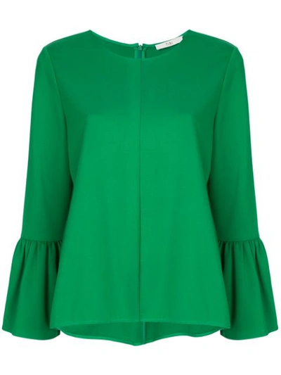 Tibi Weston Crewneck Bell-sleeve Top In Green