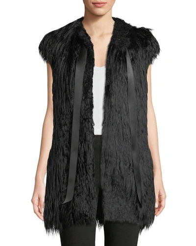 Amanda Baldan Satin Tie-neck Faux-fur Vest W/ Crystal Cactus In Black