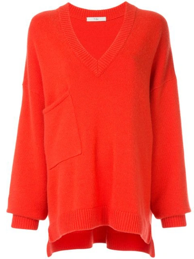 Tibi Deep-v Long-sleeve Oversized Cashmere Sweater W/ Patch Pocket In Red