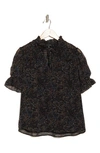 Pleione Floral Tie Neck Blouse In Black Blue Tan Scattered Dot