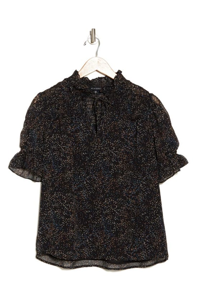 Pleione Floral Tie Neck Blouse In Black Blue Tan Scattered Dot