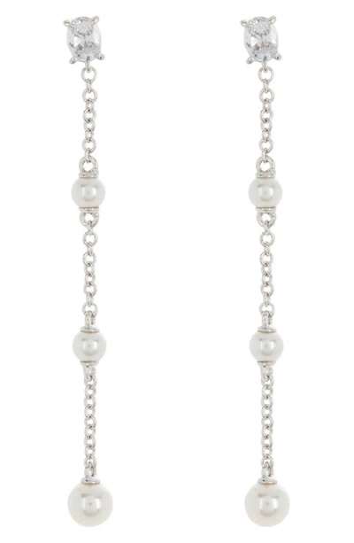 Nadri Emilia Cz & Imitation Pearl Linear Drop Earrings In Rhodium