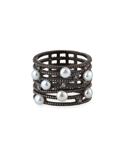 Freida Rothman Cultured Freshwater Pearl Textured Cage Ring In Black