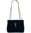 Saint Laurent Loulou Monogram Small Velvet V-flap Chain Shoulder Bag In Dark Deep Sea/ Dark Deep Sea