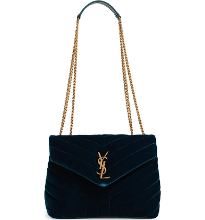 Saint Laurent Loulou Monogram Small Velvet V-flap Chain Shoulder Bag In Dark Deep Sea/ Dark Deep Sea