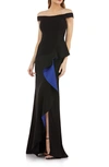 Carmen Marc Valvo Infusion Ruffle Off The Shoulder Gown In Black/ Cobalt