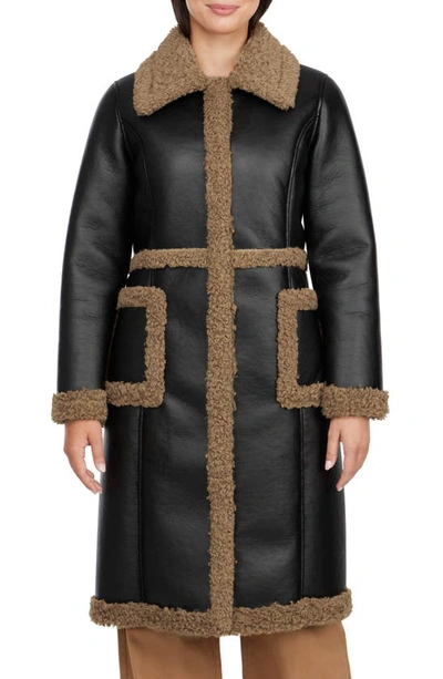 Badgley Mischka Faux Leather Coat With Faux Shearling Trim In