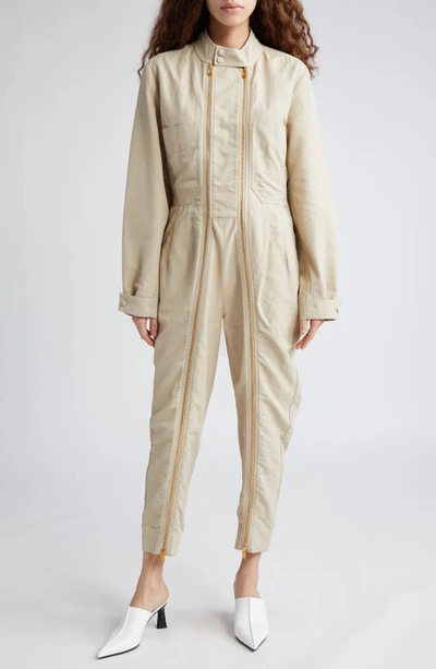 Stella Mccartney Twin Zipper Long Sleeve Twill Jumpsuit In 9700 - Desert Beige