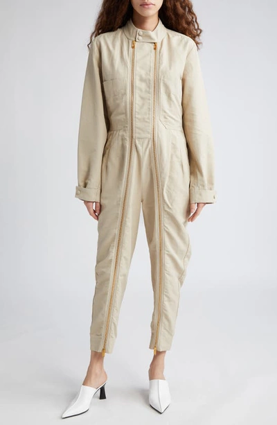 Stella Mccartney Twin Zipper Long Sleeve Twill Jumpsuit In Beige