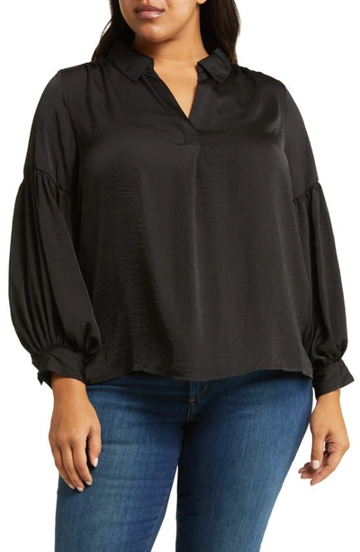 Vince Camuto Split Neck Balloon Sleeve Top In Rich Black