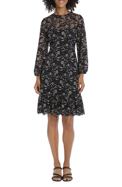 Maggy London Floral Lace Long Sleeve Fit & Flare Dress In Black Multi