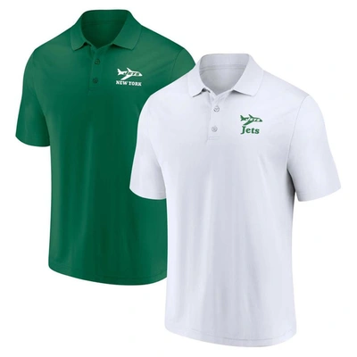 Fanatics Men's  White, Green Distressed New York Jets Throwback Two-pack Polo Shirt Set In White,green