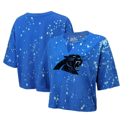 Majestic Threads Blue Carolina Panthers Bleach Splatter Notch Neck Crop T-shirt