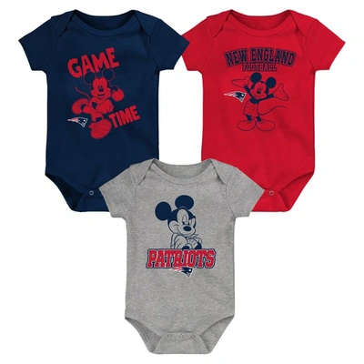 Outerstuff Baby Boys And Girls Navy, Red, Gray New England Patriots Three-piece Disney Game Time Bodysuit Set In Navy,red
