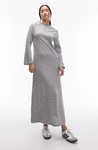 Topshop Long Sleeve Rib Knit Column Dress In Grey