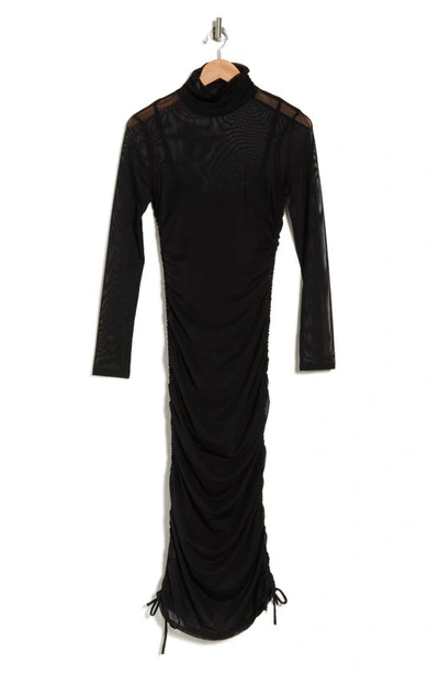 Wayf Ruched Mock Neck Long Sleeve Midi Dress In Black