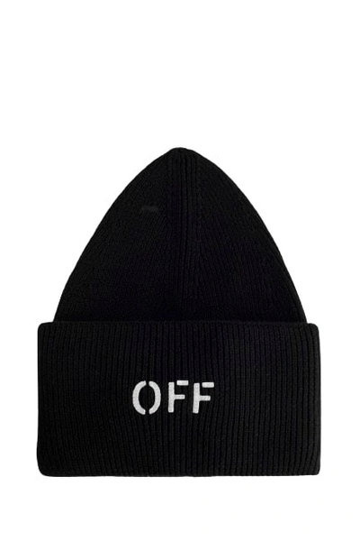 Off-white Off Stamp Ribbed-knit Beanie In Black