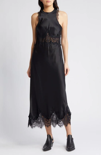 Allsaints Alula Silk Blend Lace Trim Maxi Dress In Black