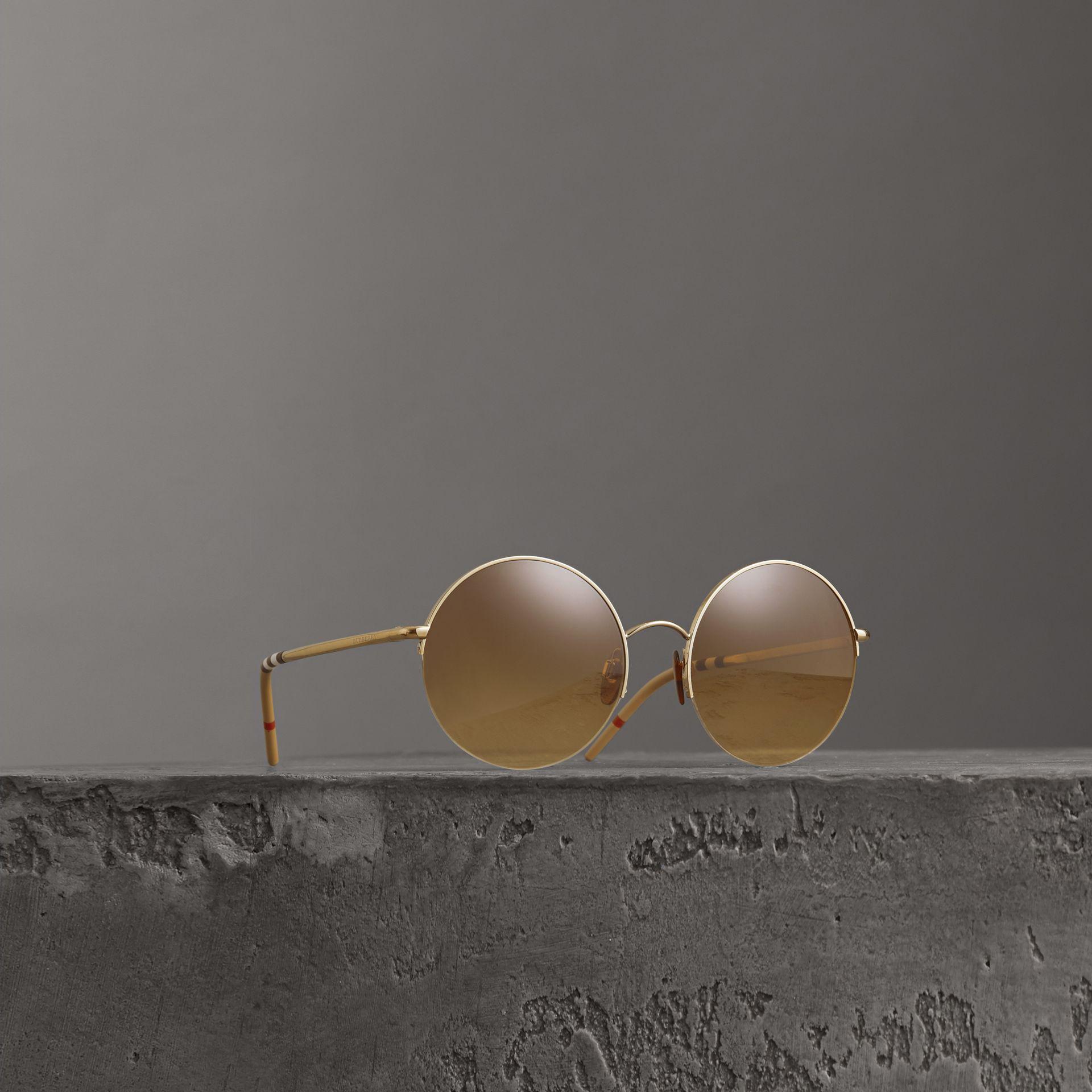 Burberry Check Detail Round Frame Sunglasses In Gold | ModeSens