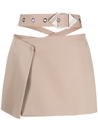 Attico Asymmetric Belted Miniskirt In Beige