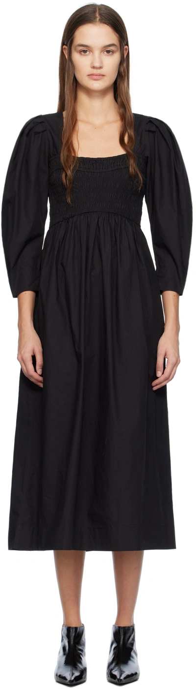 Ganni Womens Black Smocked Puffed-sleeve Organic-cotton Maxi Dress