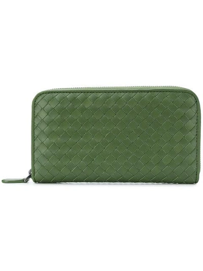 Bottega Veneta Zip-around Woven Wallet In Green