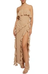 Know One Cares Ruffle Strapless Gown In Nude