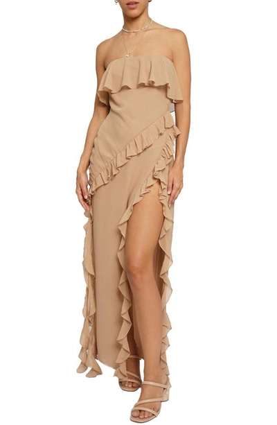 Know One Cares Ruffle Strapless Gown In Nude