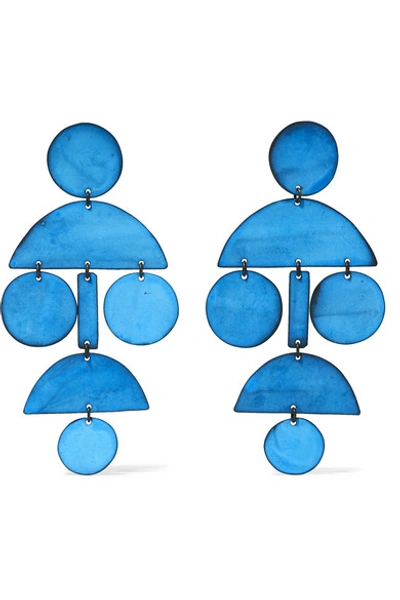 Annie Costello Brown Pompom Oxidized Earrings In Blue