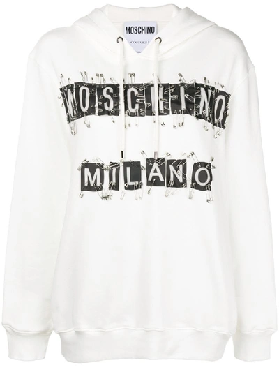 Moschino Embellished Cotton-jersey Hoodie In Bianco Latte