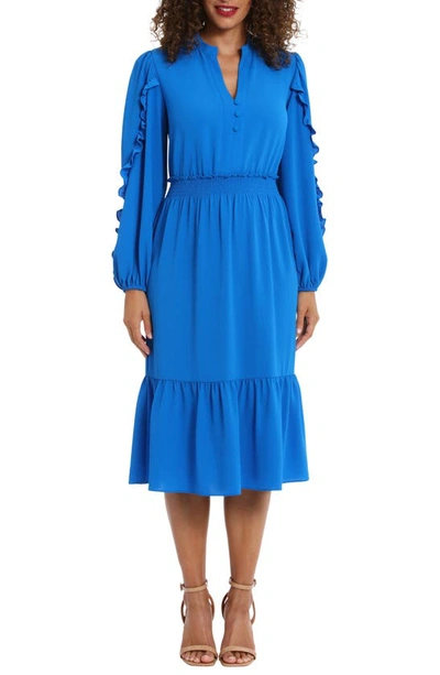 London Times Ruffle Sleeve Bubble Flounce Midi Dress In Blue