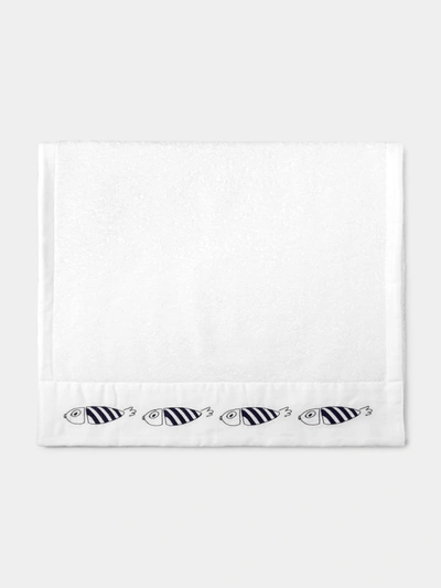 Loretta Caponi Striped Fish Embroidered Cotton Hand Towel In White