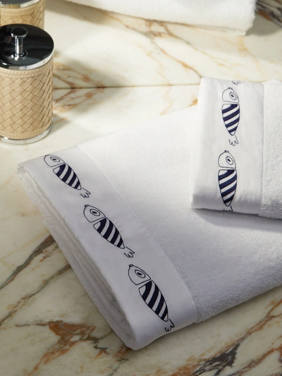 Loretta Caponi Striped Fish Embroidered Cotton Bath Towel In White