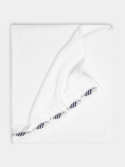 Loretta Caponi Striped Fish Embroidered Cotton Bath Sheet In White
