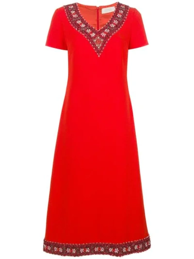 Goat Embellished V-neck Midi Dress In Red