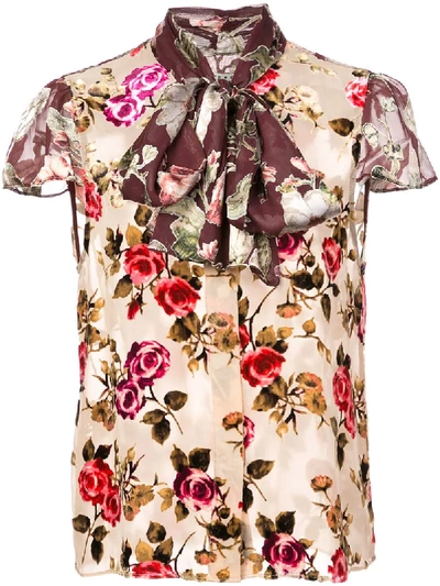 Alice And Olivia Jeannie Bow-collar Blouse In Natural Multi