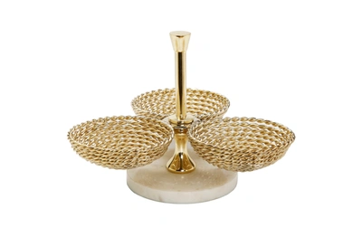 Classic Touch Decor Triple Bowl Relish Dish Gold Rope Design And Marble Base