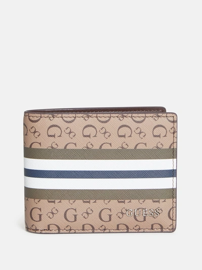 Guess Factory Slim Logo Striped Bifold Wallet In Brown