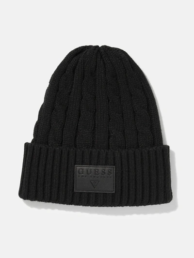Guess Factory Cable-knit Logo Patch Beanie In Black