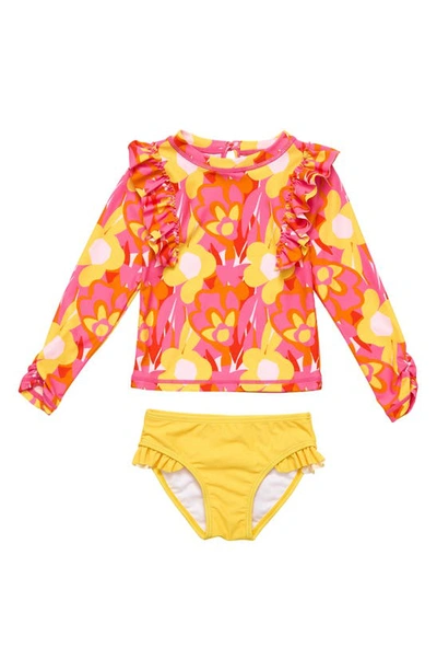 Snapper Rock Babies' Kids' Pop Of Sunshine Ruffle One-piece Rashguard Swimsuit In Red