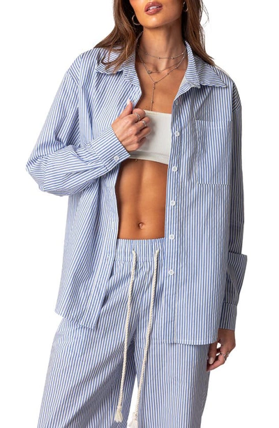 Edikted Oversize Pinstripe Cotton Button-up Shirt In Blue Stripes