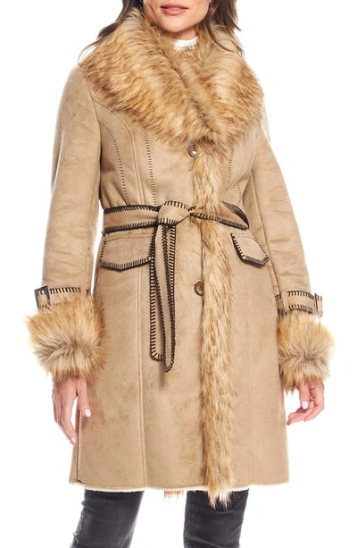 Donna Salyers Fabulous-furs Dakota Belted Faux Suede Coat With Faux Fur Trim In Latte