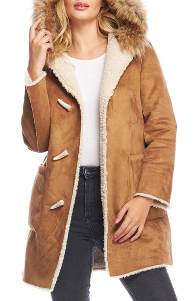Donna Salyers Fabulous-furs Summit Reversible Faux Shearling & Faux Suede Coat With Faux Fur Trim Hood In Tobacco