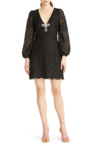 ml Monique Lhuillier Sydney Rhinestone Bow Long Sleeve Lace Cocktail Dress  In Black | ModeSens