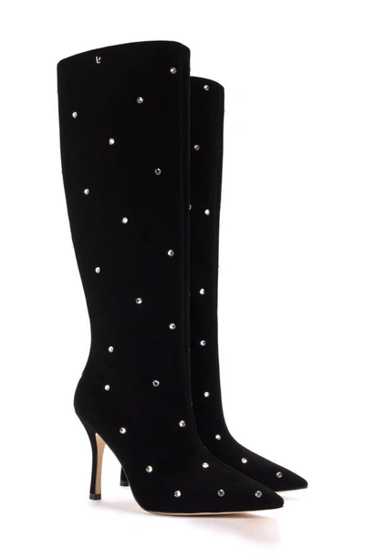 Larroude Kate Crystal Embellished Pointed Toe Knee High Boot In Black