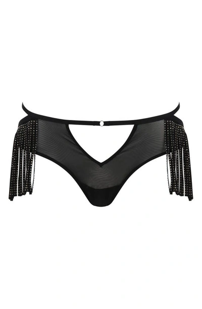 Love, Vera Fringe Rhinestone Cutout High Waist Mesh Panties In Black