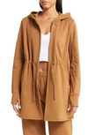 Beyond Yoga On The Go Open Front Hooded Jacket In Toffee