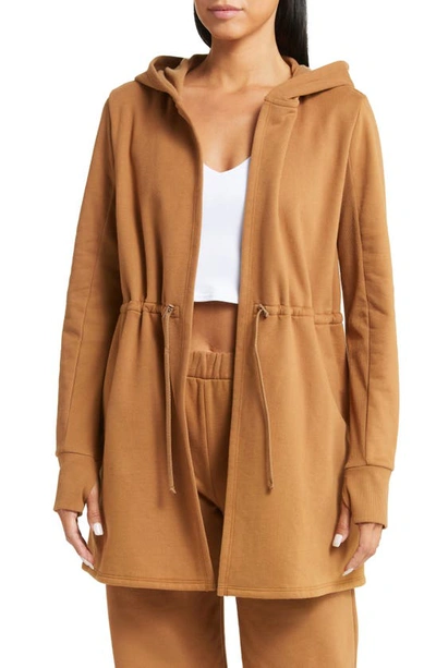 Beyond Yoga On The Go Open Front Hooded Jacket In Toffee